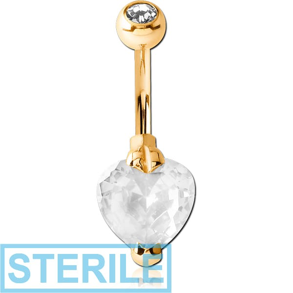 STERILE GOLD PVD COATED SURGICAL STEEL HEART 10MM CZ DOUBLE JEWELLED NAVEL BANANA
