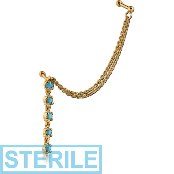 STERILE GOLD PVD COATED SURGICAL STEEL PREMIUM CRYSTALS JEWELLED TRAGUS CHAINS