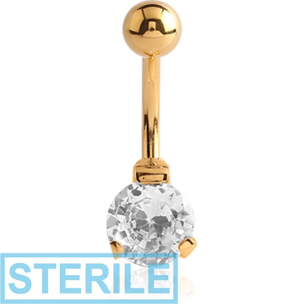 STERILE GOLD PVD COATED SURGICAL STEEL ROUND PRONG SET 8MM CZ JEWELLED NAVEL BANANA