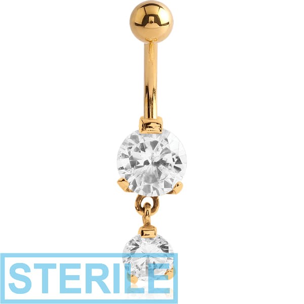 STERILE GOLD PVD COATED SURGICAL STEEL DOUBLE ROUND CZ JEWELLED WITH DANGLING NAVEL BANANA