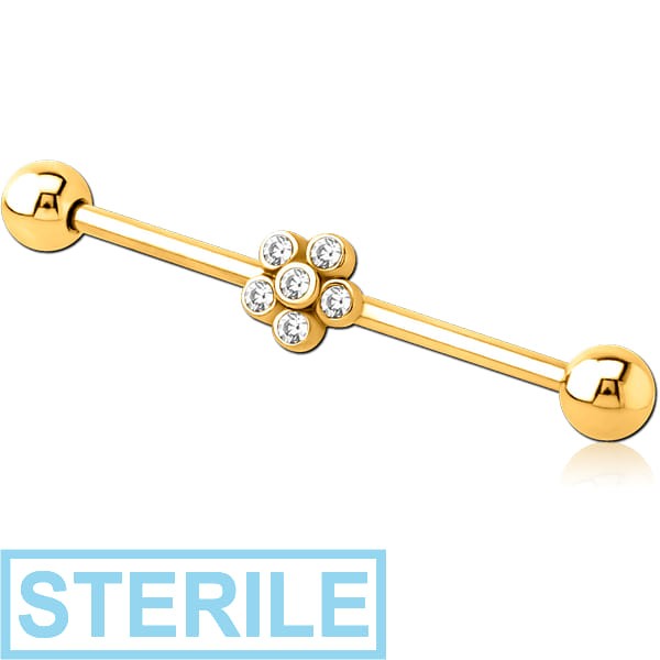 STERILE GOLD PVD COATED SURGICAL STEEL INDUSTRIAL BARBELL WITH ADJUSTABLE SLIDING CHARM- FLOWER