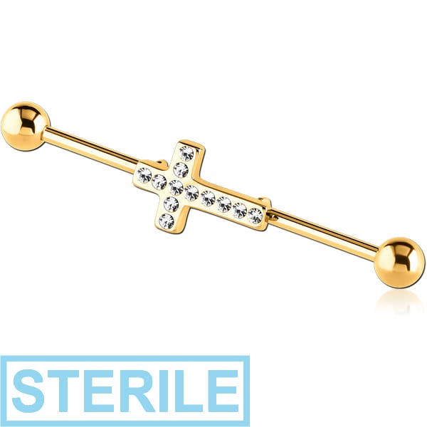 STERILE GOLD PVD COATED SURGICAL STEEL INDUSTRIAL BARBELL WITH JEWELLED - CROSS