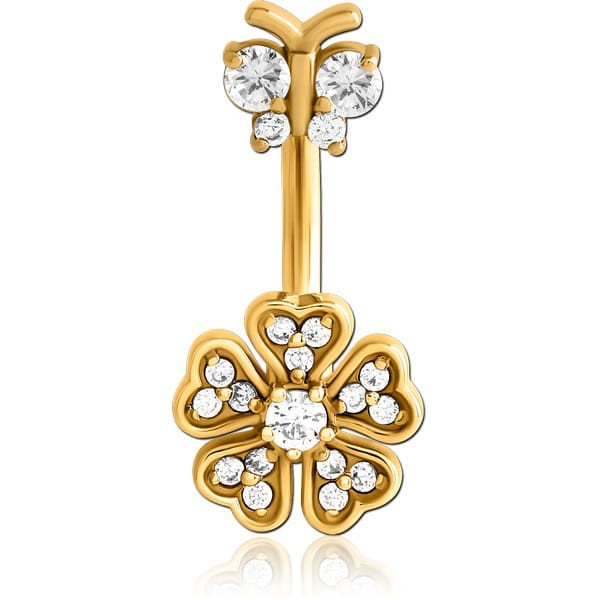 STERILE GOLD PVD COATED SURGICAL STEEL INTERNALLY THREADED DOUBLE JEWELLED NAVEL BANANA