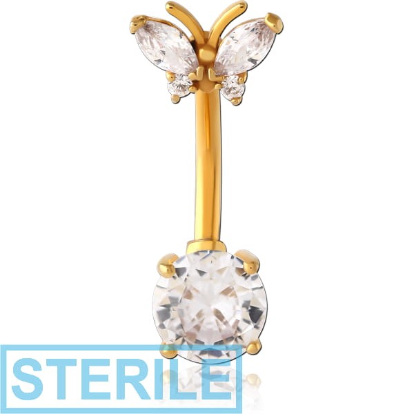 STERILE GOLD PVD COATED SURGICAL STEEL INTERNALLY THREADED DOUBLE JEWELLED NAVEL BANANA