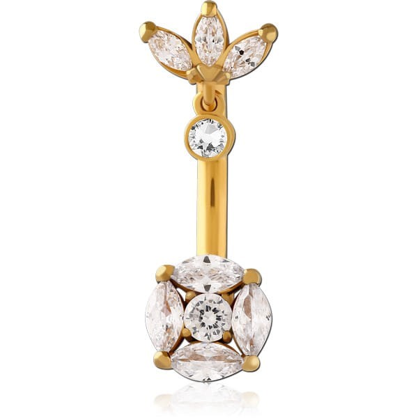 STERILE GOLD PVD COATED SURGICAL STEEL INTERNALLY THREADED DOUBLE JEWELLED NAVEL BANANA