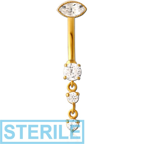 STERILE GOLD PVD COATED SURGICAL STEEL INTERNALLY THREADED DOUBLE JEWELLED NAVEL BANANA