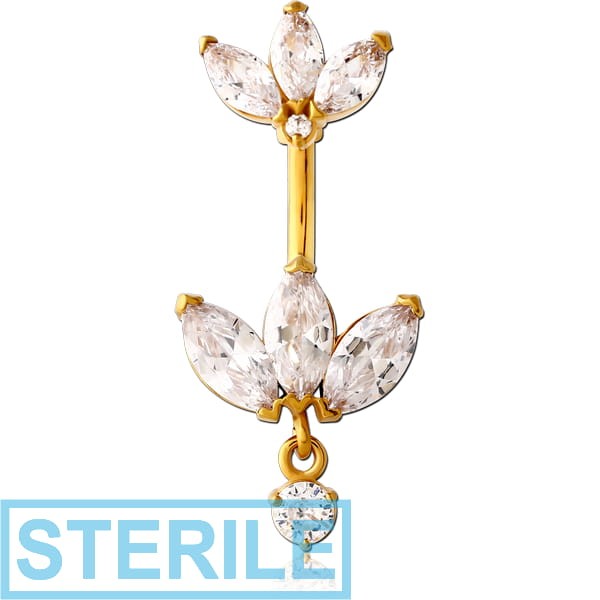 STERILE GOLD PVD COATED SURGICAL STEEL INTERNALLY THREADED DOUBLE JEWELLED NAVEL BANANA