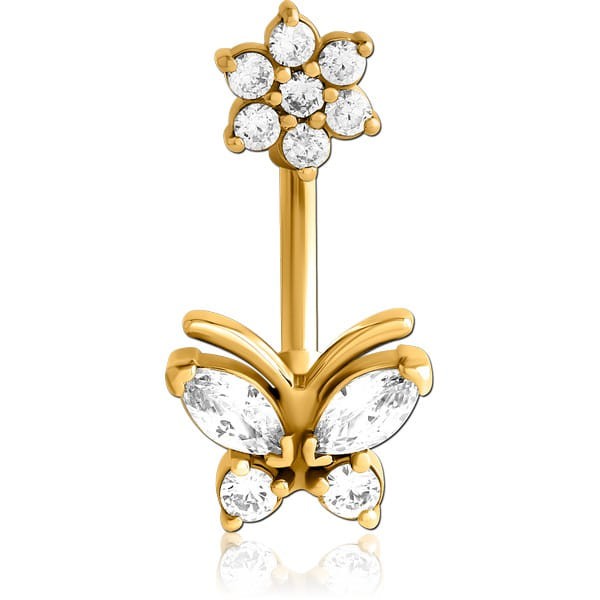 STERILE GOLD PVD COATED SURGICAL STEEL INTERNALLY THREADED DOUBLE JEWELLED NAVEL BANANA