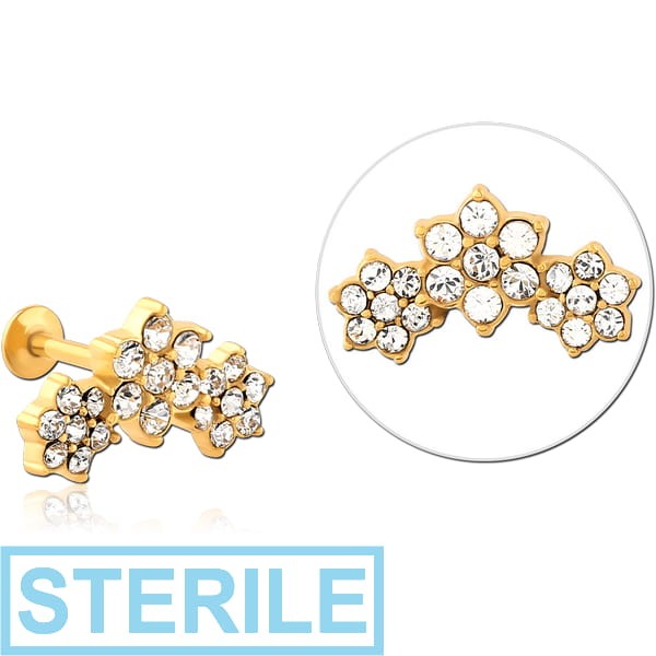 STERILE GOLD PVD COATED SURGICAL STEEL INTERNALLY THREADED JEWELLED MICRO LABRET - FLOWER