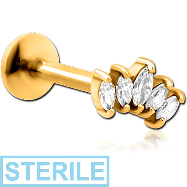STERILE GOLD PVD COATED SURGICAL STEEL INTERNALLY THREADED JEWELLED MICRO LABRET - FIVE GEM