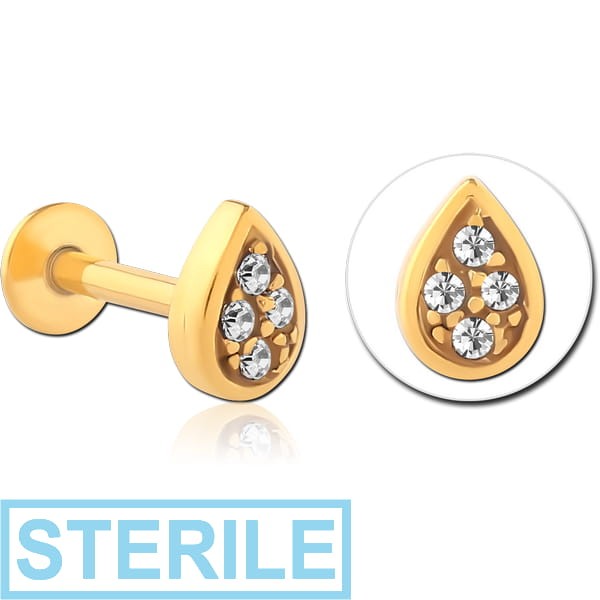 STERILE GOLD PVD COATED SURGICAL STEEL INTERNALLY THREADED JEWELLED MICRO LABRET - TEAR DROP