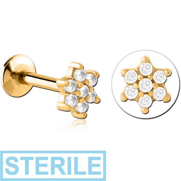 STERILE GOLD PVD COATED SURGICAL STEEL INTERNALLY THREADED JEWELLED MICRO LABRET - FLOWER