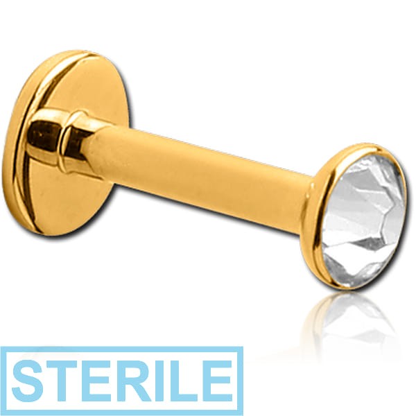 STERILE GOLD PVD COATED SURGICAL STEEL INTERNALLY THREADED LABRET WITH JEWELLED DISC
