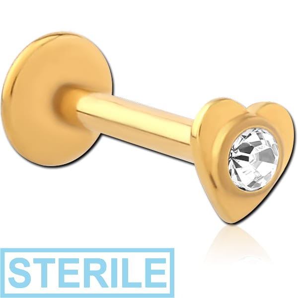 STERILE GOLD PVD COATED SURGICAL STEEL INTERNALLY THREADED MICRO LABRET WITH JEWELLED HEART