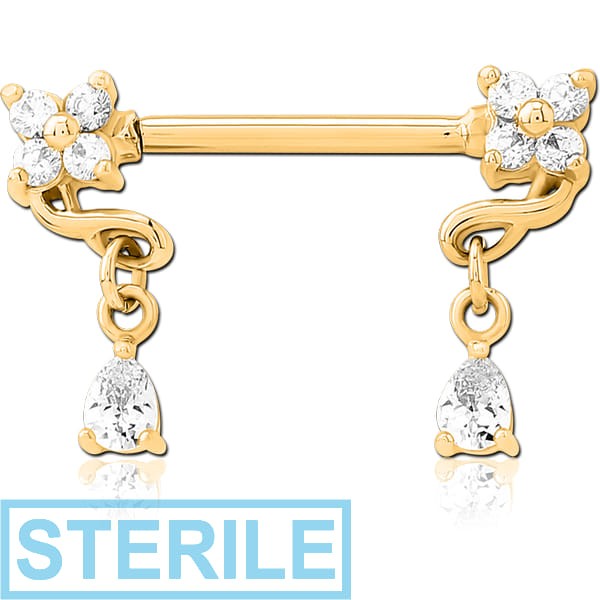 STERILE GOLD PVD COATED SURGICAL STEEL NIPPLE PIERCING INTERNAL THREADED BAR WITH MOVING CHARM FINE JEWELLED