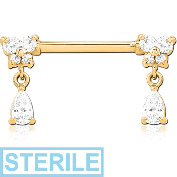 STERILE GOLD PVD COATED SURGICAL STEEL NIPPLE PIERCING INTERNAL THREADED BAR WITH MOVING CHARM FINE JEWELLED