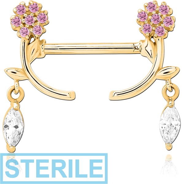 STERILE GOLD PVD COATED SURGICAL STEEL NIPPLE PIERCING INTERNAL THREADED BAR WITH MOVING CHARM FINE JEWELLED