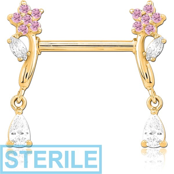 STERILE GOLD PVD COATED SURGICAL STEEL NIPPLE PIERCING INTERNAL THREADED BAR WITH MOVING CHARM FINE JEWELLED