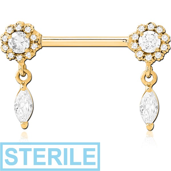 STERILE GOLD PVD COATED SURGICAL STEEL NIPPLE PIERCING INTERNAL THREADED BAR WITH MOVING CHARM FINE JEWELLED