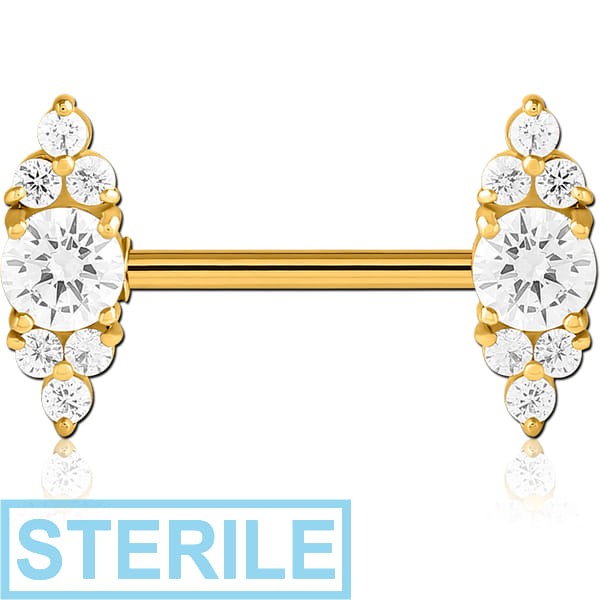 STERILE GOLD PVD COATED SURGICAL STEEL NIPPLE PIERCING INTERNAL THREADED BAR WITH MOVING CHARM FINE JEWELLED