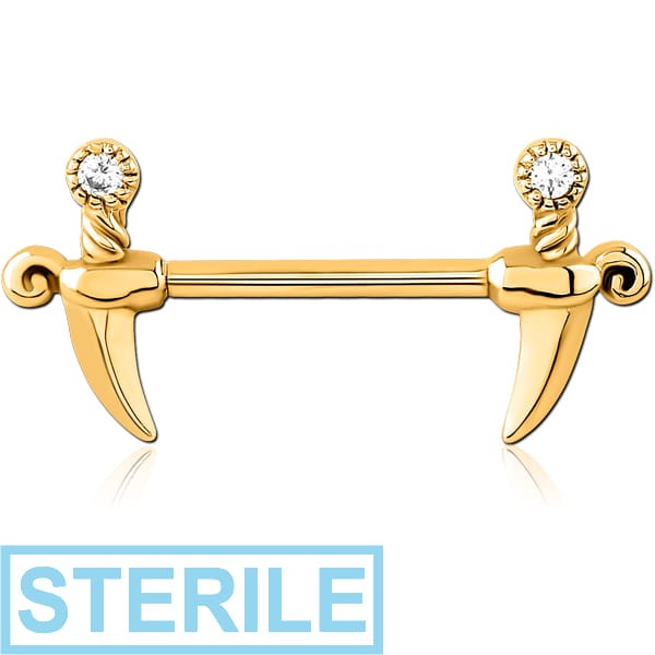 STERILE GOLD PVD COATED SURGICAL STEEL NIPPLE PIERCING INTERNAL THREADED BAR WITH MOVING CHARM FINE JEWELLED