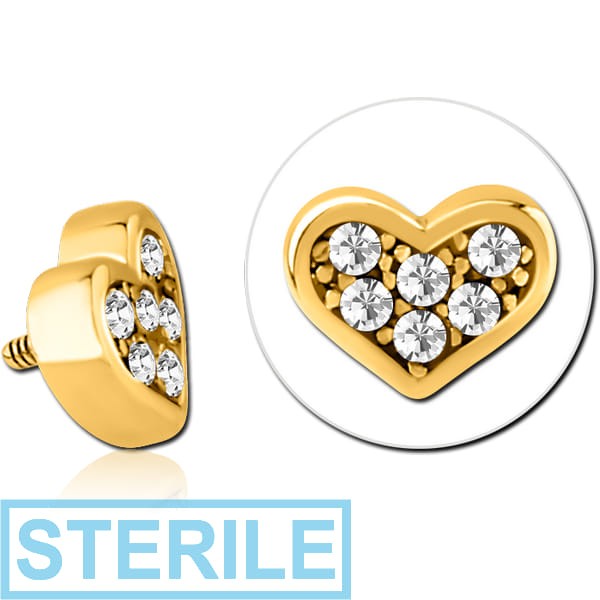 STERILE GOLD PVD COATED SURGICAL STEEL JEWELLED MICRO ATTACHMENT FOR 1.2MM INTERNALLY THREADED PINS - HEART