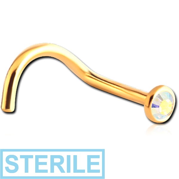 STERILE GOLD PVD COATED SURGICAL STEEL OPTIMA CRYSTAL JEWELLED CURVED NOSE STUD