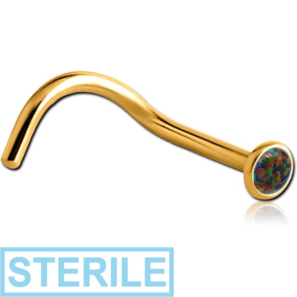 STERILE GOLD PVD COATED SURGICAL STEEL JEWELLED CURVED NOSE STUD WITH SYNTHETIC OPAL