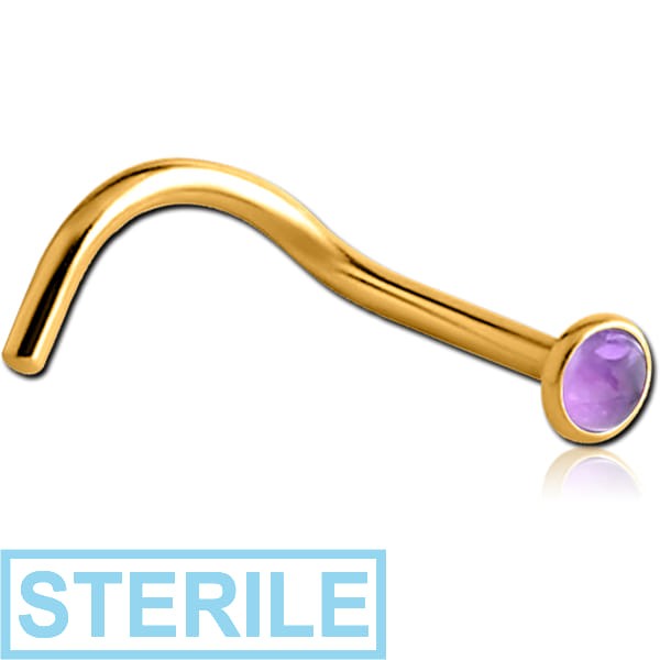 STERILE GOLD PVD COATED SURGICAL STEEL SEMI PRECIOUS CABOCHON CURVED NOSE STUD