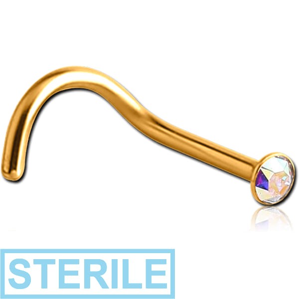 STERILE GOLD PVD COATED SURGICAL STEEL JEWELLED CURVED NOSE STUD WITH GLUED STONE