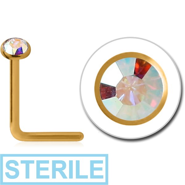 STERILE GOLD PVD COATED SURGICAL STEEL HIGH END CRYSTAL JEWELLED 90 DEGREE NOSE STUD
