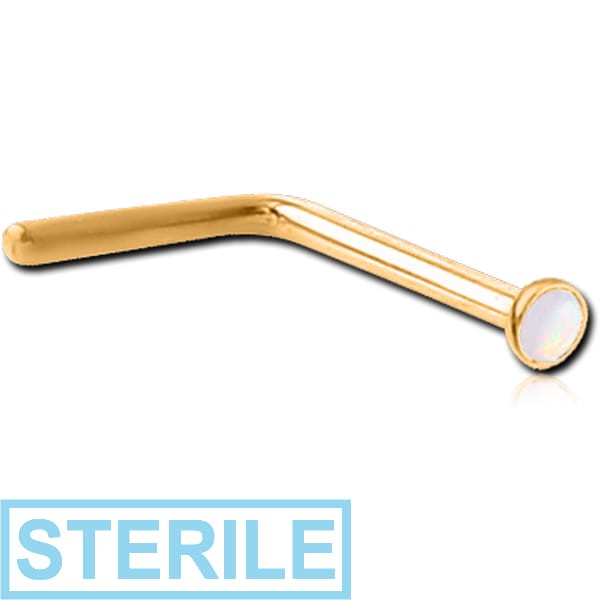 STERILE GOLD PVD COATED SURGICAL STEEL SYNTHETIC OPAL 90 DEGREE NOSE STUD