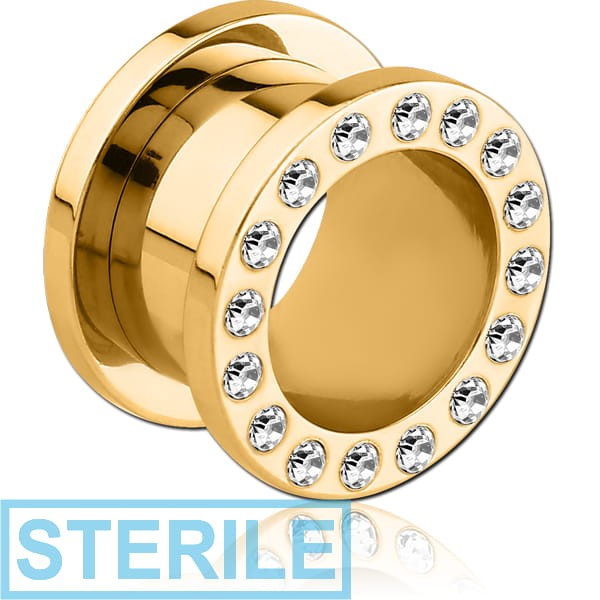 STERILE GOLD PVD COATED STAINLESS STEEL JEWELLED FLESH TUNNEL (12 STONES PP13) EMPTY PART