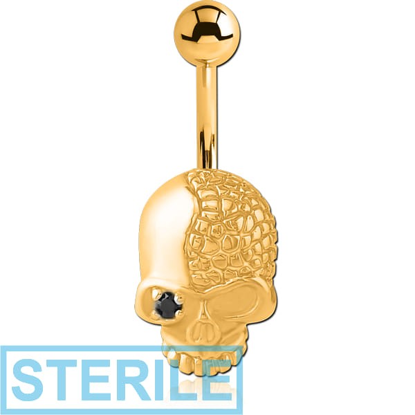 STERILE GOLD PVD COATED SURGICAL STEEL KOOL KATANA JEWELLED NAVEL BANANA - SKULL