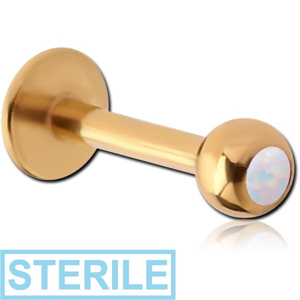 STERILE GOLD PVD COATED SURGICAL STEEL JEWELLED LABRET WITH SYNTHETIC OPAL