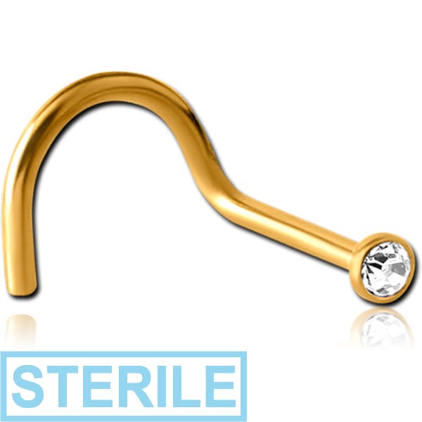 STERILE GOLD PVD COATED SURGICAL STEEL HIGH END CRYSTAL JEWELLED LARGE LEFT CURVE NOSE STUD