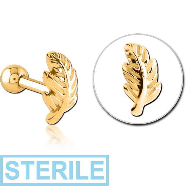 STERILE GOLD PVD COATED SURGICAL STEEL TRAGUS MICRO BARBELL - LEAF