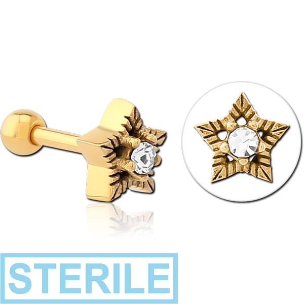 STERILE GOLD PVD COATED SURGICAL STEEL JEWELLED TRAGUS MICRO BARBELL - STAR