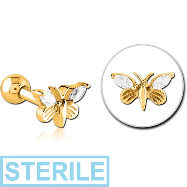 STERILE GOLD PVD COATED SURGICAL STEEL JEWELLED TRAGUS MICRO BARBELL - BUTTERFLY