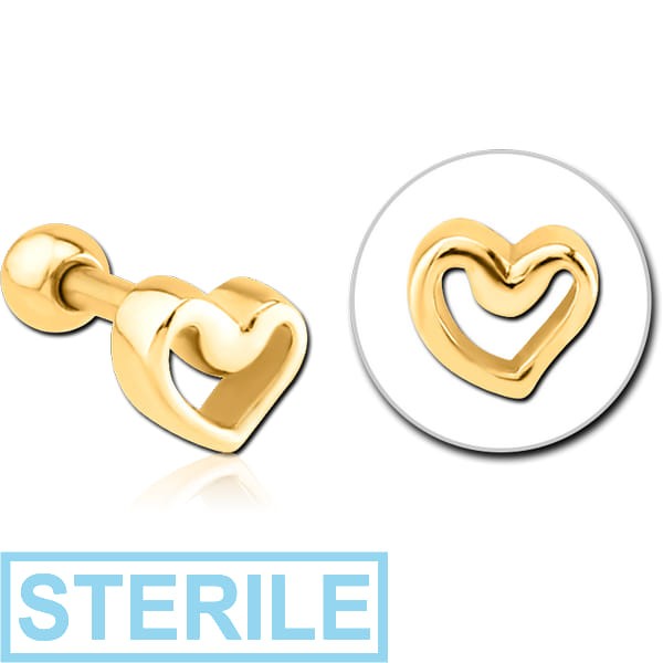STERILE GOLD PVD COATED SURGICAL STEEL TRAGUS MICRO BARBELL - HEART