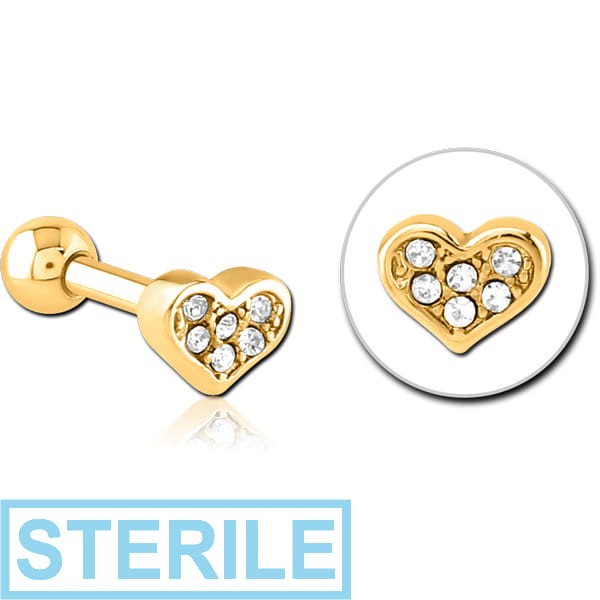 STERILE GOLD PVD COATED SURGICAL STEEL JEWELLED TRAGUS MICRO BARBELL - HEART