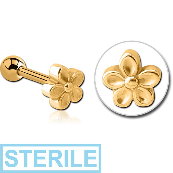 STERILE GOLD PVD COATED SURGICAL STEEL TRAGUS MICRO BARBELL - FLOWER
