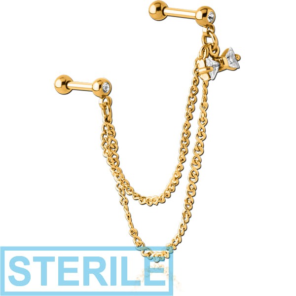 STERILE GOLD PVD COATED SURGICAL STEEL JEWELLED TRAGUS MICRO BARBELLS CHAIN LINKED - BOW
