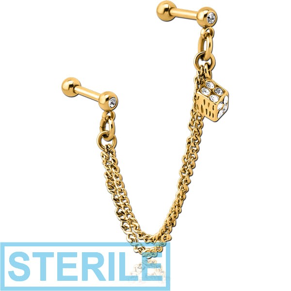 STERILE GOLD PVD COATED SURGICAL STEEL JEWELLED TRAGUS MICRO BARBELLS CHAIN LINKED - RUBIK