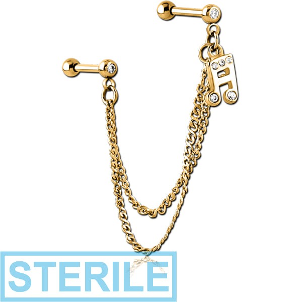 STERILE GOLD PVD COATED SURGICAL STEEL JEWELLED TRAGUS MICRO BARBELLS CHAIN LINKED - MUSIC NOTE