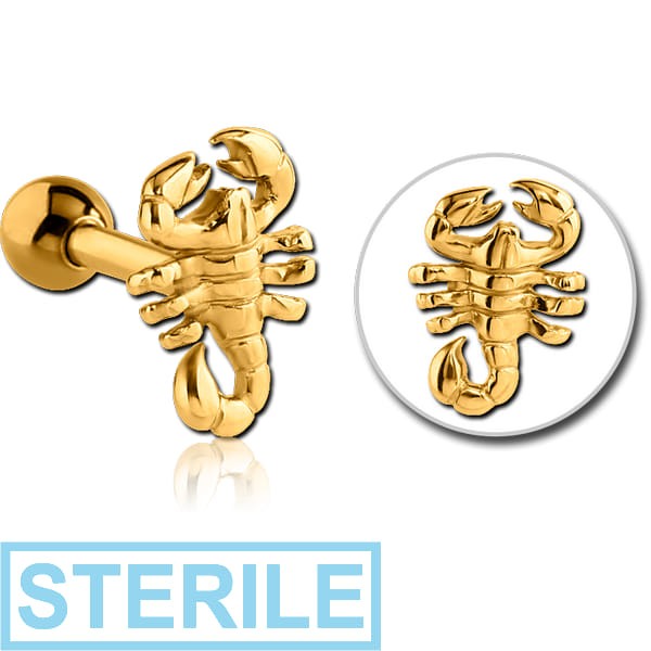 STERILE GOLD PVD COATED SURGICAL STEEL TRAGUS MICRO BARBELL - SCORPION