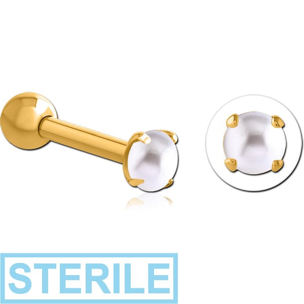 STERILE GOLD PVD COATED SURGICAL STEEL SYNTHETIC PEARL JEWELLED TRAGUS MICRO BARBELL