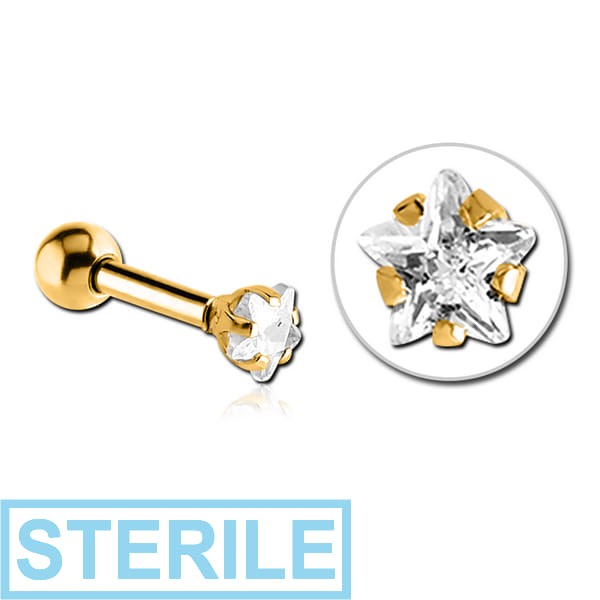 STERILE GOLD PVD COATED SURGICAL STEEL STAR PRONG SET JEWELLED TRAGUS MICRO BARBELL FOR RHONA SUTTON