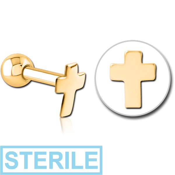 STERILE GOLD PVD COATED SURGICAL STEEL CROSS TRAGUS MICRO BARBELL