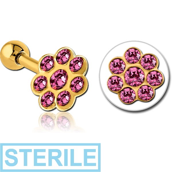 STERILE GOLD PVD COATED SURGICAL STEEL JEWELLED FLOWER TRAGUS MICRO BARBELL